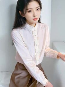 AMMIN 2024 Autumn new Sweet peplum stand collar single-breasted commuter cotton blouse Korean style long sleeve simple white elegant blouse