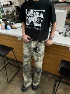 American Retro Street Camouflage Embroider Denim Men and Women All-Matching Tide Bootcut Casual Straight-leg Loose-Fitting Wide-Leg Trousers