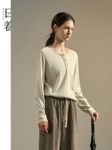 Pure Color Loose Base Layer Design Knit Round Neck Long Sleeve T-shirt