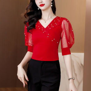 YIMEI 2025 Summer New Fashionable Bubble Short sleeved T-shirt for Moms Popular Womens V-neck Slimming Top