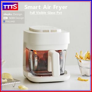 OLAYKS Crystal Ark Smart Air Fryer 2L - Full Visible Glass Pot Auto Rotating Stainless Steel Fryer Basket + Steaming Rack 900W Oil-Free Steam Roast Function Dishwasher Safe for Frozen Food