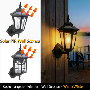1PCS Retro Solar Induction Wall Light Tungsten Filament Garden Lamp Waterproof Outdoor LED Street Light for Pathway Walkway Yard