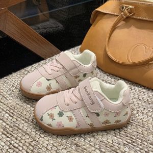 Girls Sport Shoes Floral Design Kindergarten Indoor Shoes Anti-Slip Wear-Resistant Leather Low-Top Childrens Trainers