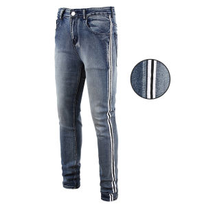 Trendy Black Stripe Jeans Mens Casual Slim Fit Long Pants Knee Hole Small Foot Pants Cotton Elastic Denim mid Waist Zipper
