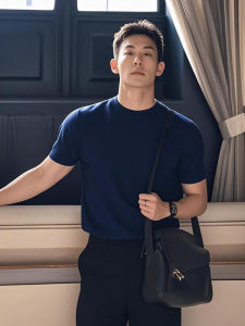 Mature Stable Mens Short Sleeve T-Shirt Fitness Cotton Summer Dark Blue Cuff round Neck Standard Fit Youth Casual Shirt