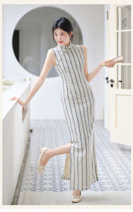 Red Striped Long Sleeveless Slim Fit High Collar New Chinese Style Reformed Cheongsam Midi Dress for Women Summer Fashion