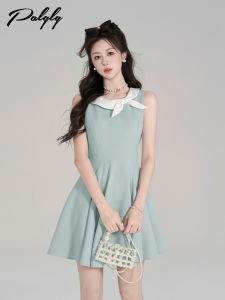 French Sweet Style Boat Neck Sleeveless Butterfly Knot Shoulder Bared Dress Unique Petite Womens Mini Dress Summer Elegance