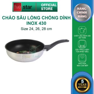 Chảo chống dính sâu lòng bếp từ cao cấp Fivestar 3 đáy inox 430 dùng được mọi bếp 22cm - 24cm - 26cm - 28cm
