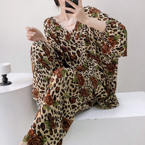 Spring Autumn Cotton Silk Sleepwear Long Sleeve Floral Home Clothes Set plus Size Comfortable Breathable Womens Nightgown