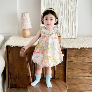 ชุดเดรสแขนกุดผ้าฝ้ายลายทางฤดูร้อนสำหรับเด็กผู้หญิง เดรสคอวี ชุดเด็กไปเล่นกลางแจ้ง ชุดเด็ก ชุดเดรสผู้หญิง