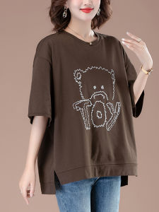 plus Size Short Sleeve T-Shirt Womens Loose Belly Covering Front Short Back Long Pure Cotton Body Shirt Korean Style Commute