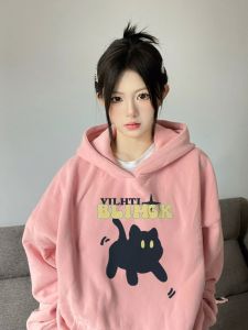 อเมริกันเรโทร โอเวอร์ไซส์ เสื้อฮู้ด ผู้หญิง ฤดูใบไม้ผลิ ฤดูใบไม้ร่วง หมวกทรงสูงสไตล์ขี้เกียจหลวมบาง เสื้อแจ็คเก็ต สบาย ระบายอากาศได้ดี ผ้าฝ้าย โพลีเอสเตอร์