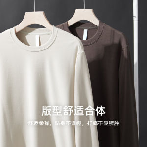 เสื้อยืดคอกลมแขนยาวหนาสำหรับผู้ชาย เสื้อชั้นในกันหนาวแบบสองด้านดีฟองน้ำ ผ้าผสมคอตตอนและโพลีเอสเตอร์ ทรงหลวม สวมใส่สบาย