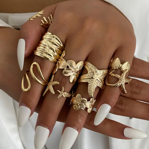 Ingemark 9Pcs/Set Creative Irregular Flower Starfish Ring for Women Exquisite Open Adjustable Geometric Rings Party Jewelry Gift