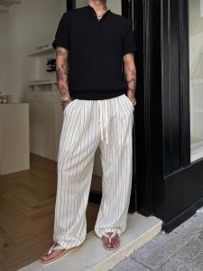 Retro Woven Texture Color Block Casual Pants Mens Loose Fit Straight Leg Drawstring Trousers CleanFit Style All Season Use