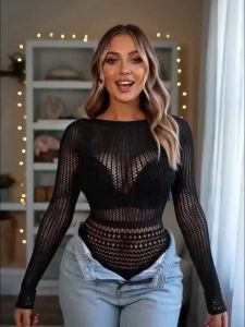 Hollow Out Bodysuit Fishnet Beach Cover Up Sheer Mesh Festival Swimwear for Summer Beach Party