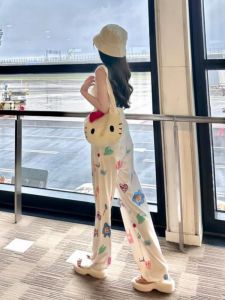 Ice Silk Cartoon Wide Leg Pants Women Summer Thin Home Sleepwear Casual Beach Floral Pants Small Size High Waist Long Pants