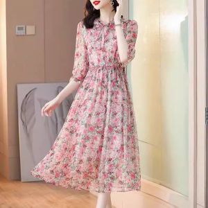 Floral Print Chiffon Dress Womens Summer A-Line Midi Skirt Sleeveless High Waist Button Detail Korean Style Office Commute Dress