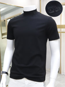 เสื้อยืดคอกลมแขนสั้นผ้าฝ้ายแท้สำหรับผู้ชาย ทรงสลิมฟิต ทรงปกติ ฤดูใบไม้ร่วง 2024 คอกลมครึ่งตัว แฟชั่นสปอร์ต สีดำ เสื้อแขนสั้น