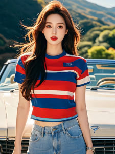 Áo Thun Nữ Tay Ngắn Sọc Nhiều Màu Sắc Mùa Hè 2024 Áo Thun Cổ Tròn Thường Ngày Chất Liệu Polyester Thời Trang