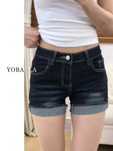 Deep Blue Denim Short Shorts Womens Summer Thin High Waist Elastic A-Line Hot Pants Casual Cotton Stretch Denim Fabric