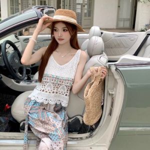 Bohemia Retro Spaghetti Straps Knitted Cut Out Loose Vest + Ethnic Print Mop Pants Travel Beach Pants