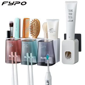 Fypo เครื่องจ่ายแบบบีบยาสีฟัน3ถ้วยและที่ใส่แปรงสีฟันผลิตภัณฑ์ห้องน้ำแก้วชุดที่วางแปรงสีฟันอุปกรณ์แปรงปัดฟันอัตโนมัติ