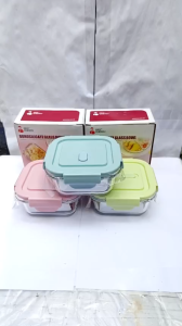 hộp thủy tinh vuông 1 ngăn 320ml màu nắp ngẫu nhiên - chịu nhiệt chống tràn - mang cơm - hộp đựng thực phẩm