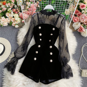 Lightly Mature Elegant Outfit Lace Embroider Mesh Tops Western Style Velvet Tube Top Jumpsuit Shorts Two-piece Set Women