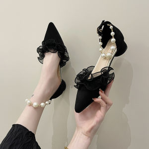 รองเท้าแตะส้นสูงแบบสวมหัวสำหรับผู้หญิงในช่วงฤดูร้อนปี 2024 ทรงหัวแหลมสไตล์นางฟ้าสไตล์ฝรั่งเศสแบบบาง รองเท้าส้นสูงสำหรับผู้หญิง