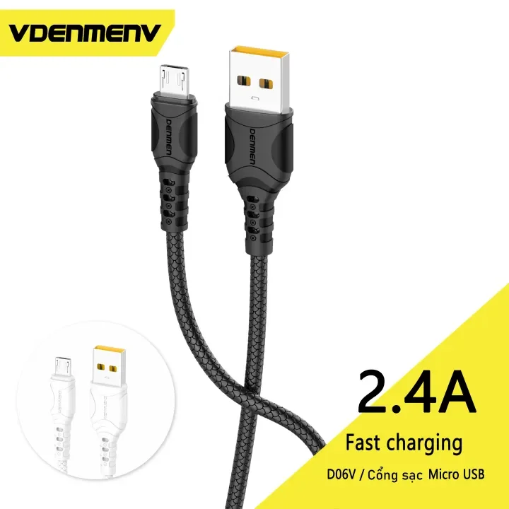 Dây Cáp Sạc Nhanh VDENMENV D06V(2.4A) Cổng Sạc Micro USB, Giúp Sạc Nhanh, Chuyển Dữ Liệu, Chất Liệu Bọc Nhựa 2 Đầu Dây