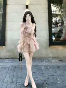 CHANGTONG | Slanted Shoulder Waist-Cinching Puff Skirt Petite Summer Dress