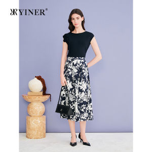 YINER | Autumn New French Elegance Vintage Printed Silk Good Drape A-Line Skirt