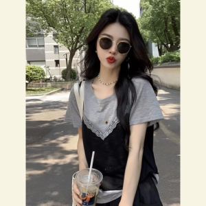 chaqi | Elegant Grey Two-Piece Look T-Shirt Unique Stylish Summer Top Moisture Wicking Round Neck Short Sleeve Tea Aroma Fashionable