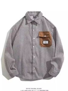 Japanese Style Vintage Stripe Long Sleeves Shirt Mens Spring and Autumn Stylish Pocket Loose Shirt Versatile Casual Coat