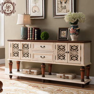 American Style Minimalist Sideboard European Style Solid Wood Hollow Carved Storage Cabinet Living Room Entrance Cabinet Dining Room Wine Bowl Tea Cabinet