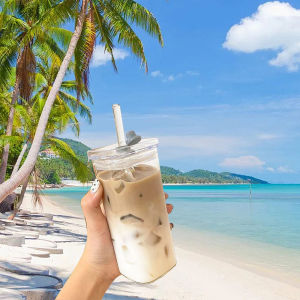 COD 12OZ square heat-resistant glass cup coffee cup with lid straw transparent milk tea cup coffee cup beer milk juice household water cup