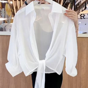Womens Summer Thin Shell Gauze Top with Skirt Polo Collar Sleeveless Loose Fit Korean Style Commute Pure Color Outerwear