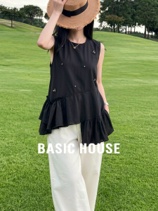 Basic House | French Style Black Beaded Irregular Sleeveless T-Shirt