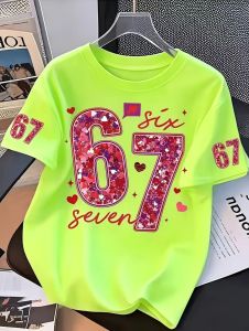 Girls T-shirtexclusive for Valentines Day with sequinsnumber 67summer round-neck T-shirt for outdoors kids clothing