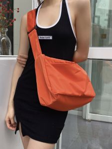 Trendy Waterproof Womens Shoulder Bag Wide Strap Crossbody Nylon Pure Color Zipper Closure Casual Style Soft Foldable Medium Size