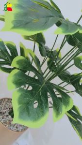 Tanaman Artificielle Monstera 18 Cabang Hijau Pucat dengan Vas Metalik Gold untuk Dekorasi Ruang Tamu
