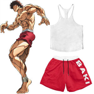 Nam Anime Hanma Baki Dạo Phố Bộ Áo Vest Trắng Quần Short Lưng Thun Dáng Rộng Cổ Tròn Chui Đầu Cho Bãi Biển Hiệu Suất