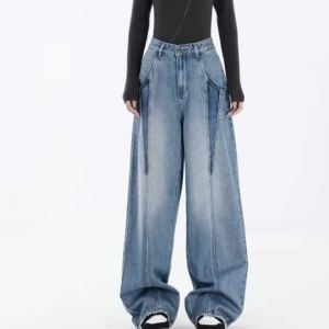 Womens Jeans Y2k Jeans American Style HighEnd Patchwork Design Loose Fit Street Wide Leg Draping Versatile Straight Trousers