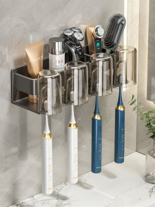 Black Wall-Mounted Toothbrush Holder No-Drilling Bathroom Toothbrush Cup Storage Electric Toothbrush Rack Luxury Style Plastic Material