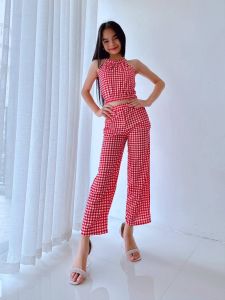 Kids Girls Gingham Halter Crop Top & Wide Leg Pants Co-Ord Set Casual Two Piece Outfit ( 7-10 yrs old)