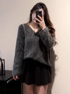 plus Size Loose Slimming Christmas Knitwear V-Neck Womens Long Sleeve Regular Fit Base Layer Top for Spring Autumn