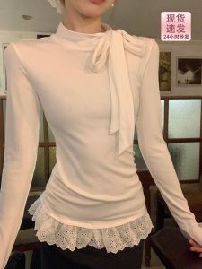 Áo Thun Dài Tay Ren Cổ Cao Kiểu Pháp Cho Nữ Mùa Xuân Năm 2025 Áo Sơ Mi Cổ Đứng Ôm Vừa Vặn Chất Liệu Polyester