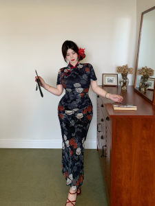 B-Babes Vintage Style Chinese Floral Print Wrap Waist Slimming Midi Qipao Dress Womens Short Sleeve Breathable Daily Wear