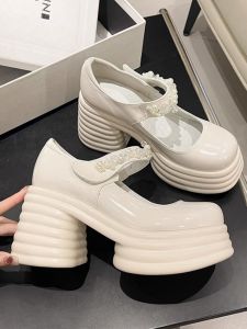 French Style Thick Heel Mary Janes Womens Shoes White Wedding Shoes Fashionable Pearled round Toe Casual Peep Toe Single Shoes